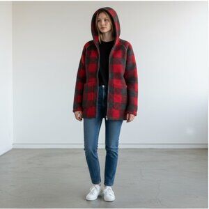 Woolrich Wool Blend Hooded Mid Weight Duffle Coat Jacket Red Plaid Women's Small